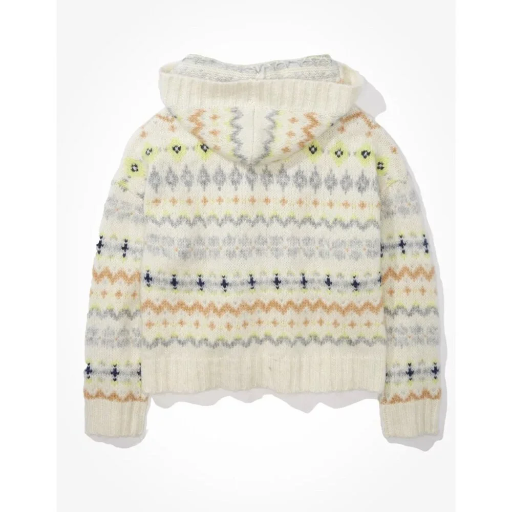 American Eagle Women Sweater Fair isle Hooded Size L Cropped Wool Blend Cozy